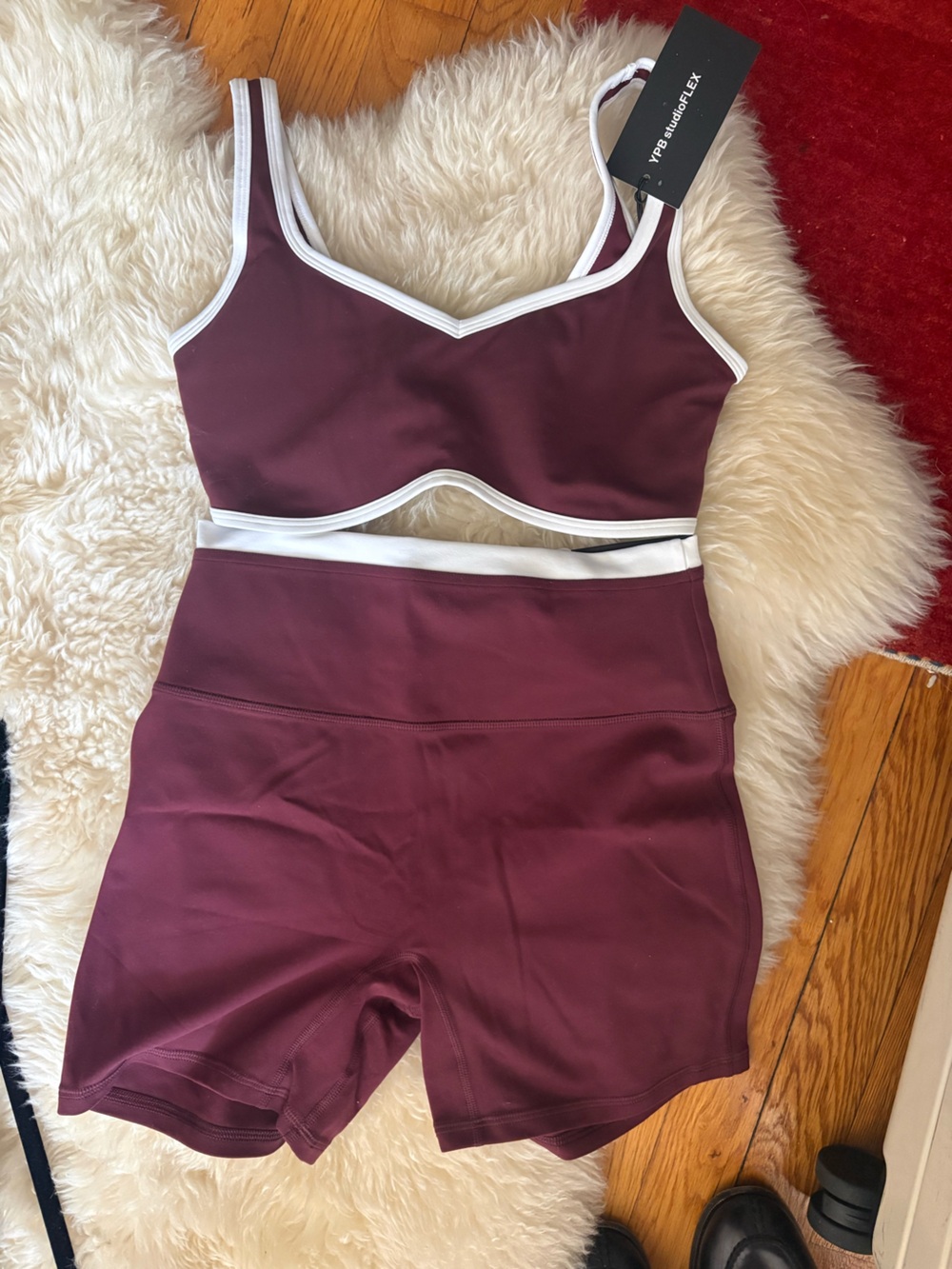 YPB Maroon Shorts and Bra Set with White Trim